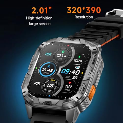 MIDDOW Military Smart Watch for Men (Answer/Make Calls), 2.01" Fitness Tracker with Flashlight/60 Days Battery/Heart Rate/Sleep Monitor/IP68 Waterproof/100+ Sports Modes for Android iOS (2 Bands)
