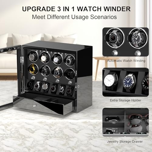 DUKWIN Watch Winder for 8 Automatic Watches,Lockable Watch Winders with Watch Holder and Jewelry Storage, Super Quiet Mabuchi Motor with High-Gloss Piano Lacquer Finish,Built-in Illumination-Black