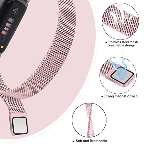 Vanjua for Fitbit Inspire 3 Bands Women Men, Stainless Steel Metal Mesh Loop Adjustable Magnetic Wristband Replacement Straps Compatible with Fitbit Inspire 3 Fitness Tracker (Rose Pink)