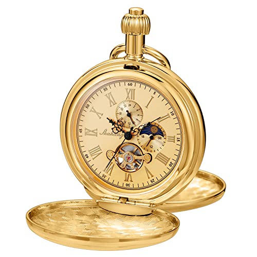 Whodoit Gold Smooth Shield Double Cover Men's Mechanical Pocket Watch, Double Cover Roman Moonlight Design Dial Chain Pocket Watch for Men