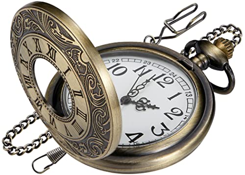 Bronze Hollowed Out Roman Covered Quartz Pocket Watch for Men, Arabic Numerals White Dial Pocket Watches for Men, Men's Quartz Pocket Watch with Chain -Bronze