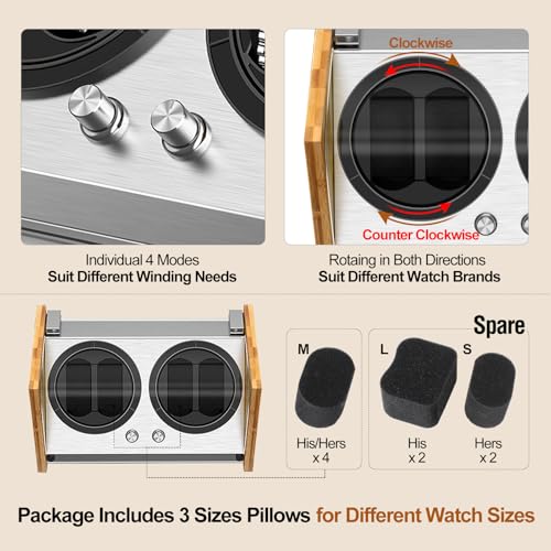 Watch Winder Smith Real Bamboo 4 Watch Winders for Automatic Watches, Precision Engineered Quiet 4 Modes Rotation and Dual Power Flexibility AC/DC