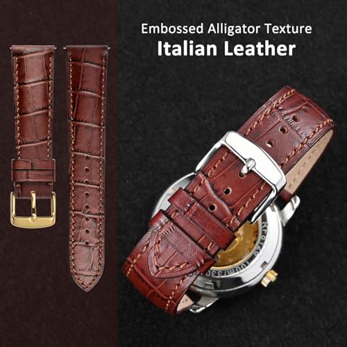 WOCCI 20mm Watch Band, Italian Leather, Embossed Alligator Grain, Gold Buckle (Brown)