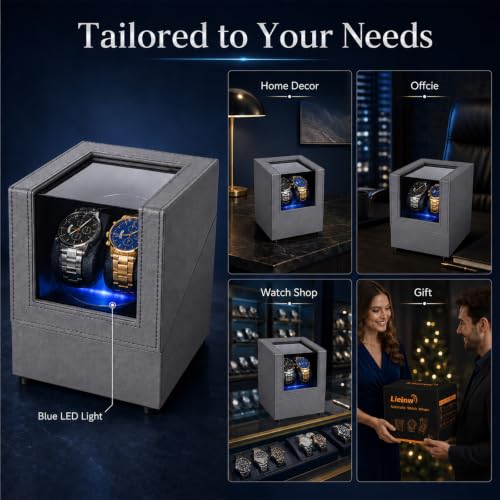 Lieinw Automatic Watch Winder for Rolex and Auto Watches, Leather Double Winding Watch Box with Blue LED & Japanese Quiet Motor, 2 Slots Rotating Watch Case Used for Storage, Display & Gifts, Gray