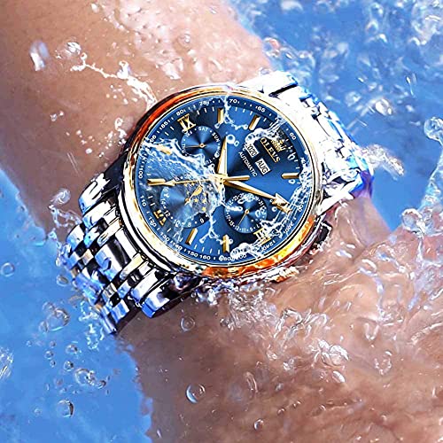 OLEVS Automatic Men Watch Self Winding Mechanical Luxury Dress Moon Phase Stainless Steel Waterproof Luminous Calendar Wrist Watch (Blue)