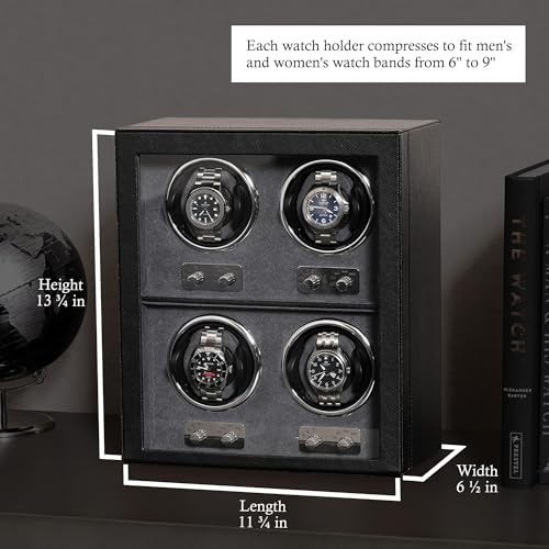ROTHWELL 4 Watch Winder for Automatic Watches with Quiet Motor with Multiple Speeds and Rotation Settings (Black/Grey)