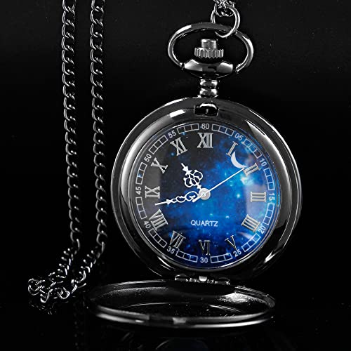 Tiong Exquise Starry Blue Hollow Case Quartz Pocket Watch Roman Numerals Retro Watches Souvenir Men Women Gift
