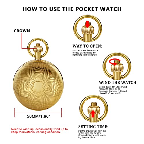 Whodoit Gold Smooth Shield Double Cover Men's Mechanical Pocket Watch, Double Cover Roman Moonlight Design Dial Chain Pocket Watch for Men