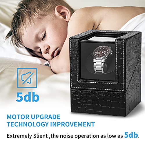 Efaithtek Automatic Single Watch Winder in Black Crocodile Pattern Leather with Japanese Quiet Motor，AC Adapter or Battery Powered