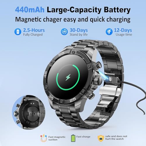 OHUGNA Men's Smart Watch Round HD 1.53" Gold Blue Smart Watches for Men, Multiple Sports Modes, Bluetooth Voice Call. Available for iOS and Android (All Black Steel Strap)