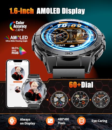 HIRREO Smart Watch for Men, 1.6'' AMOLED HD Fitness Watches with LED Flashlight, Buletooth Calling, 600mAh Battery/2 Straps/100+ Sports/IP68 Waterproof Smartwatch for Android iOS, Black-Orange