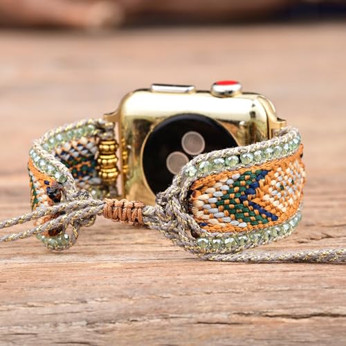 Braided Western Boho Nylon Band Compatible with Apple Watch Bands 38mm 40mm 41mm 42mm 44mm 45mm 49mm, Women Adjustable Bracelet Beaded Bohemian Strap for iWatch Series 9 8 SE Ultra 7 6 5 4 3 2 1 (38mm/40mm/41mm, Boho Green Orange)