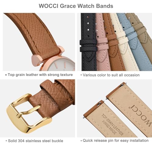 WOCCI 16mm Grace Watch Band for Ladies, Top Grain Leather, Quick Release Replacement Strap with Gold Buckle (Brown)