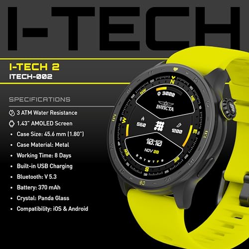 Invicta I-Tech-002 Digital Smartwatch, 1.43″ Display, Silicone Strap, Swim Tracking, 100+ Sports Modes, Bluetooth, Yellow Band, Black Case, Unisex