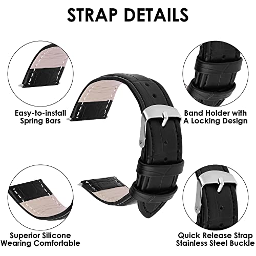 TIESOME Quick Release Leather Watch Bands, Replacement Leather Watch Strap for Men Women - 18mm 20mm 22mm (20mm, Black)