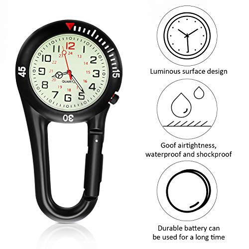Hicarer 2 Pieces Clip on Quartz Watch Backpack Fob Belt Glow in The Dark Unisex Pocket Watch with White Dial for Doctors Nurses Outdoor Activities(Black)