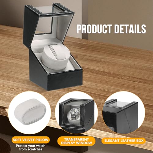 FLKQC Single Watch Winder for Automatic Watches | Black Leather Watch Display Case Storage Box | Fits Lady and Man Automatic Watch, AC Adapter or Battery Powered Watch Storage Box