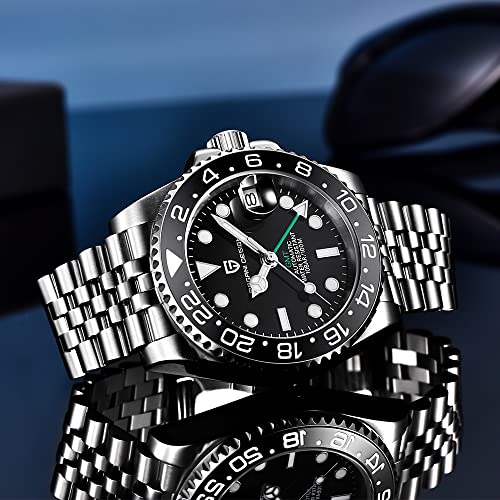 CADISEN Pagani Design GMT Fully Automatic Mechanical Men's Watch 40MM Date 100M Waterproof Stainless Steel Submersible Rotating Ceramic Bezel Men's Sports Watch PD-1662(Jubilee Black)