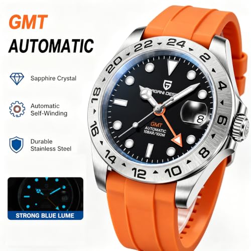 CEYADG Pagani Design Watches for Men Automatic Mechanical GMT Watch Analog Sapphire Glass Stainless Steel Sport Waterproof Luminous Men's Wrist Watches (Orange Strap Black Dial)