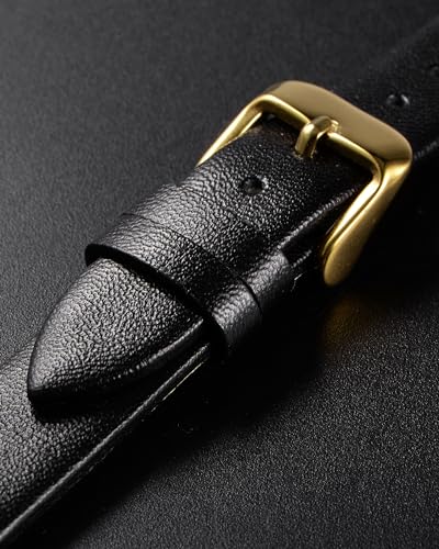 uxcell Black Genuine Leather Band 18mm Width, Flat Thin Elegant Leather Watch Strap Golden Tone Buckle for Women