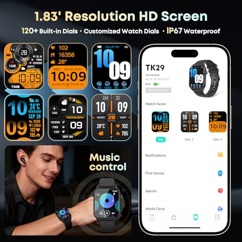 DIVOAZBVO Smart Watch for Men, 120+ Sports Modes Smartwatch with 1.83" HD Touchsreen, Sleep Monitor, IP67 Waterproof, Bluetooth Call & Music Control Fitness Watch for iPhone/Android Black