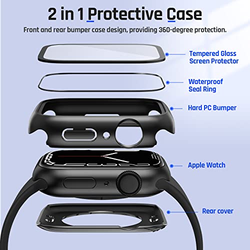 Goton 2 in 1 Waterproof Case for Apple Watch Series 9 8 7 Screen Protector 45mm, 360 Protective Glass Face Cover Hard PC Bumper + Back Frame for iWatch Accessories 45 mm