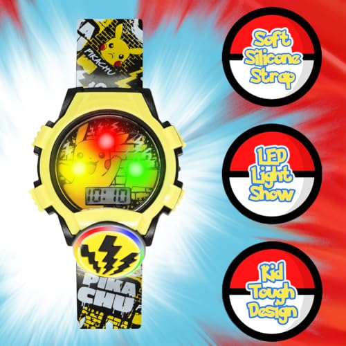 Pokémon Kids Watch – Pikachu Dial, Comfy Strap, Adjustable Fit, Flashing Lights – Pokémon Watch for Boys & Girls– 5.5" to 8"