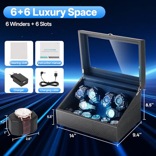 Isili Watch Winder for Automatic Watches, Luxury Watch Winders with LED Light, 6 Watch Winder + 6 Storage Case with Quiet Motor, Gift for Father's Day (PU Snakeskin)