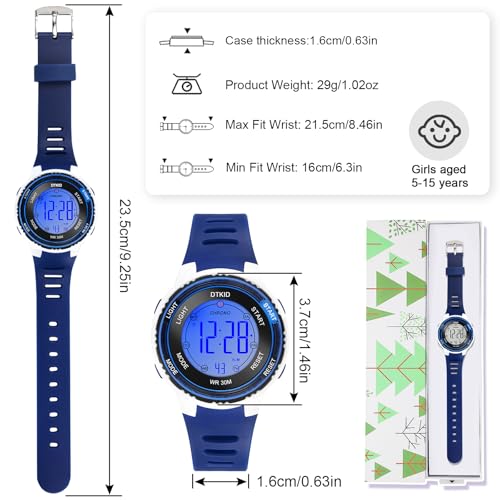 DTKID Digital Kids Watch 30 M Waterproof, 7 Color Lights Time Teaching Watch Easy to Read for Girls Boy 5-16