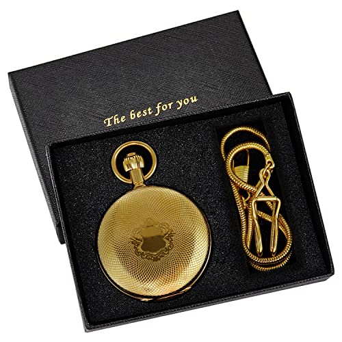 Whodoit Gold Smooth Shield Double Cover Men's Mechanical Pocket Watch, Double Cover Roman Moonlight Design Dial Chain Pocket Watch for Men