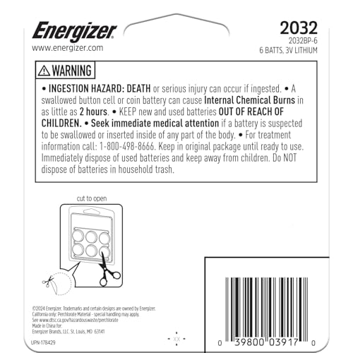 Energizer 2032 Batteries (6 Pack), 3V Lithium Coin Batteries