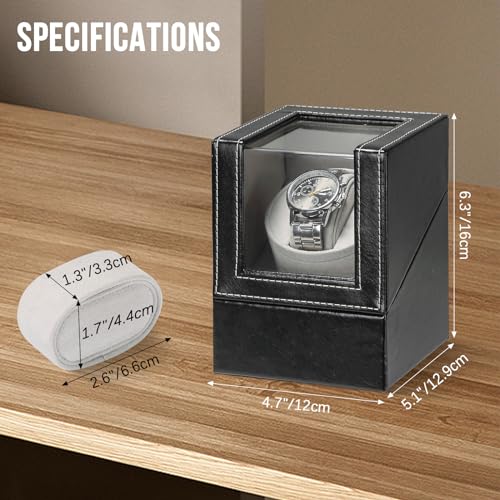 FLKQC Single Watch Winder for Automatic Watches | Black Leather Watch Display Case Storage Box | Fits Lady and Man Automatic Watch, AC Adapter or Battery Powered Watch Storage Box