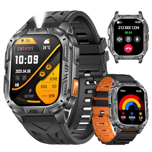 MIDDOW Military Smart Watch for Men (Answer/Make Calls), 2.01" Fitness Tracker with Flashlight/60 Days Battery/Heart Rate/Sleep Monitor/IP68 Waterproof/100+ Sports Modes for Android iOS (2 Bands)