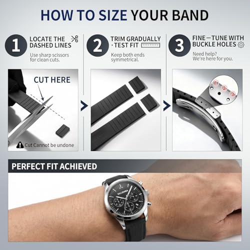 ULLCHRO FKM Rubber Watch Strap 20mm, Quick Release Watch Band 22mm for Men Women, Waterproof Soft Premium Fluororubber Cut to Size 18mm 19mm 21mm 23mm 24mm Deployment Clasp (20mm, Black)