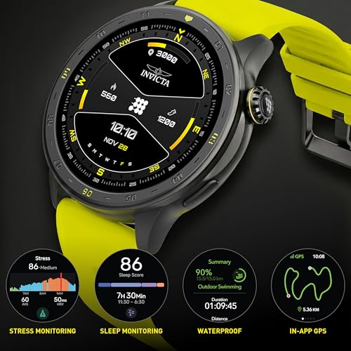 Invicta I-Tech-002 Digital Smartwatch, 1.43″ Display, Silicone Strap, Swim Tracking, 100+ Sports Modes, Bluetooth, Yellow Band, Black Case, Unisex