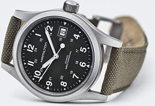 Hamilton Khaki Field Mechanical Men's Watch, 38mm Stainless Steel Case, Swiss Made, Green Dial Analog Wrist Watch for Men, 50m Waterproof, Sapphire Crystal, Canvas Strap