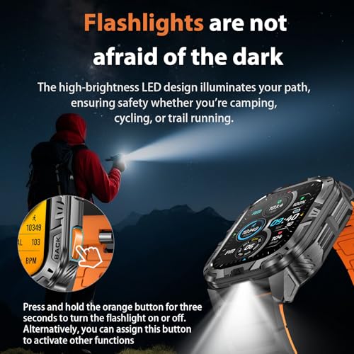 MIDDOW Military Smart Watch for Men (Answer/Make Calls), 2.01" Fitness Tracker with Flashlight/60 Days Battery/Heart Rate/Sleep Monitor/IP68 Waterproof/100+ Sports Modes for Android iOS (2 Bands)
