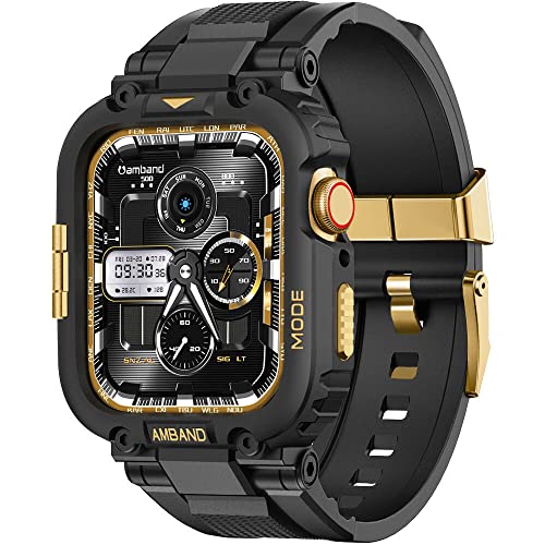 amBand Bands Compatible with Apple Watch 9/8/7 45mm, M1 Sport Series Rugged Case Protective Cover for iWatch 6/SE (3/2/1)/5/4/3 44mm Black Gold