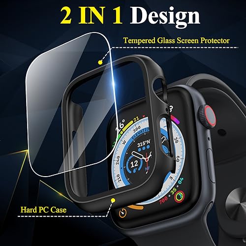[3 Pack] Case for Apple Watch Series 9 Screen Protector 41mm Series 8 Series 7, EWUONU Hard PC Bumper Cover HD Tempered Glass Full Protective Case for iWatch Series 9/8/7 Accessories 41mm, Black