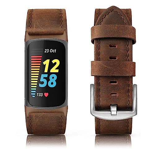 Genuine Leather Bands Compatible for Fitbit Charge 6/ Charge 5 Bands, Classic Replacement Accessories Strap Genuine Leather Wristbands Metal Women Men Retro Walnut