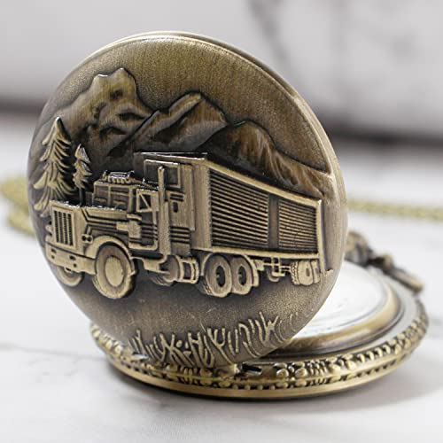 Whodoit Men's Bronze Truck Design Quartz Pocket Watch, Arabic Digital Dial Quartz Pocket Watches with Chain for Men