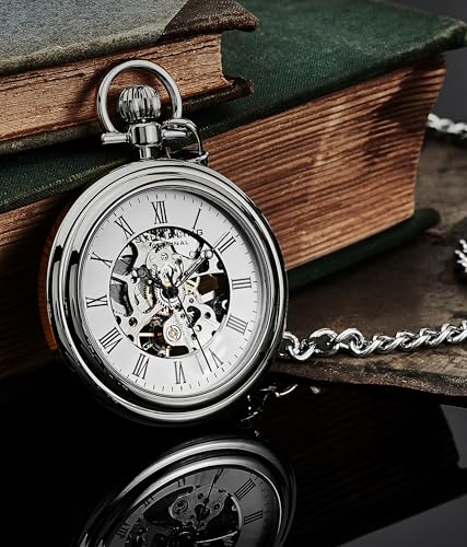 Stuhrling Original Men’s Pocket Watch Mechanical Skeleton Dial Hand Wind Stainless Steel Chain Dual-Sided Display Analog Vintage Style Timepiece No Battery Watch