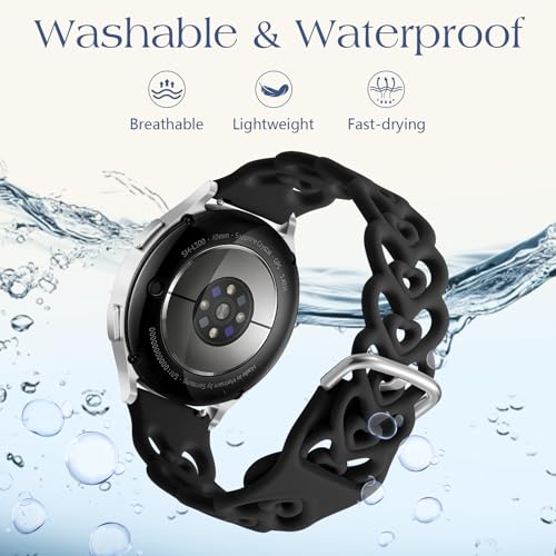DaQin Double Hearts Bands for Samsung Galaxy Watch 7 6 5 4 Active 2 40mm 44mm/Watch 6/4 Classic 43mm 47mm 42mm 46mm/5 Pro, 20mm Breathable Silicone Cut-out Strap for Samsung Watch Bands Women, Black