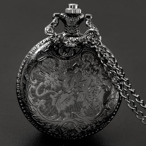 Tiong Pocket Watch Hollow Tree Design Roman Numerals Quartz with Chain Birthday Gifts(Black)