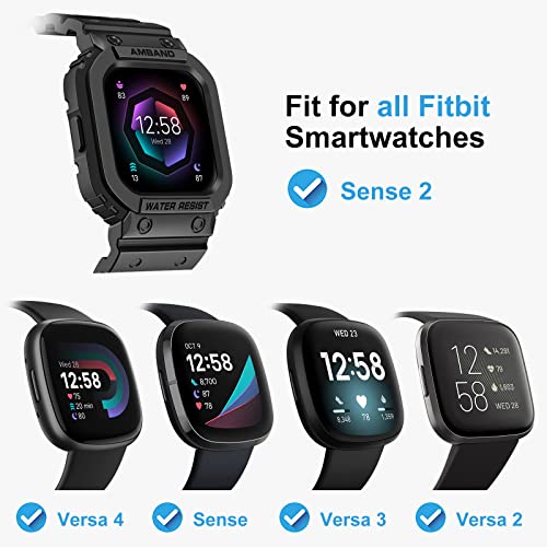 amBand Compatible for Fitbit Versa 4/3/2/ Fitbit Versa Lite/Fitbit Sense 2/ Fitbit Sense Bands with Case, Protective Smartwatch Case Strap Rugged Sport Protector Wristbands Men Black