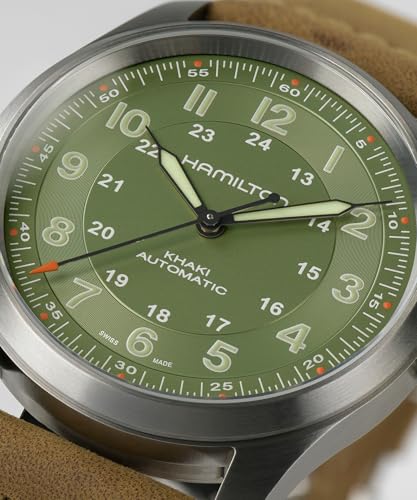 Hamilton Khaki Field Titanium Automatic Men's Watch, 38mm Titanium Case, Swiss Made, Green Dial Analog Wrist Watch for Men, 100m Waterproof, Sapphire Crystal, 3-Hand Movement, Cow Leather Strap
