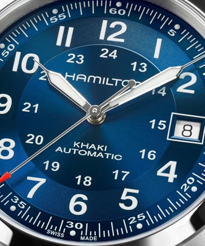 Hamilton Khaki Field Automatic Unisex Watch, 38mm Stainless Steel Case, Swiss Made, Blue Dial Analog Wrist Watch Unisex 100 Meters Water resitance, Sapphire Crystal, 3-Hand Movement, Leather Strap