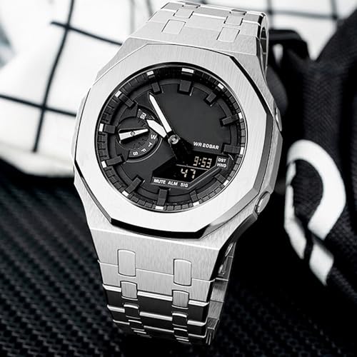 GA2100 Stainless Steel Watch Band Case Mod Kit, Smooth Bezel without Nails Metal Strap Accessories Compatible with Casio Mens G-Shock GA2100/GA-2110 Watches (Silver)