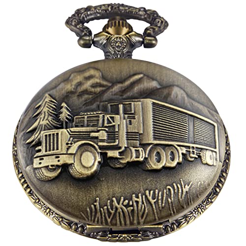 Whodoit Men's Bronze Truck Design Quartz Pocket Watch, Arabic Digital Dial Quartz Pocket Watches with Chain for Men