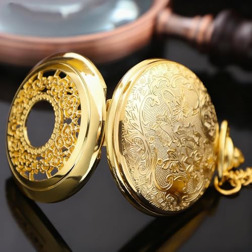 Tiong Luxury Gold Pocket Watch Hollow Blue Star Roman Numerals Quartz Pocket Watches with Chain Christmas Graduation Birthday Gifts Fathers Day(24-Gold)